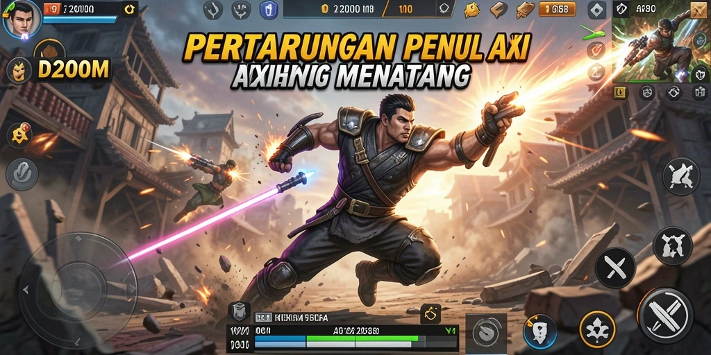 Screenshot D200M menampilkan aksi pertarungan seru di arena.