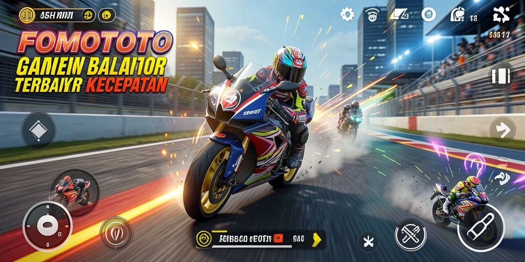Screenshot utama FOMOTOTO yang menampilkan aksi balapan motor yang seru.