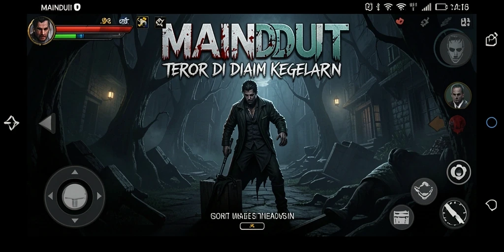 Screenshot gameplay MAINDUIT menampilkan suasana horor yang mencekam.