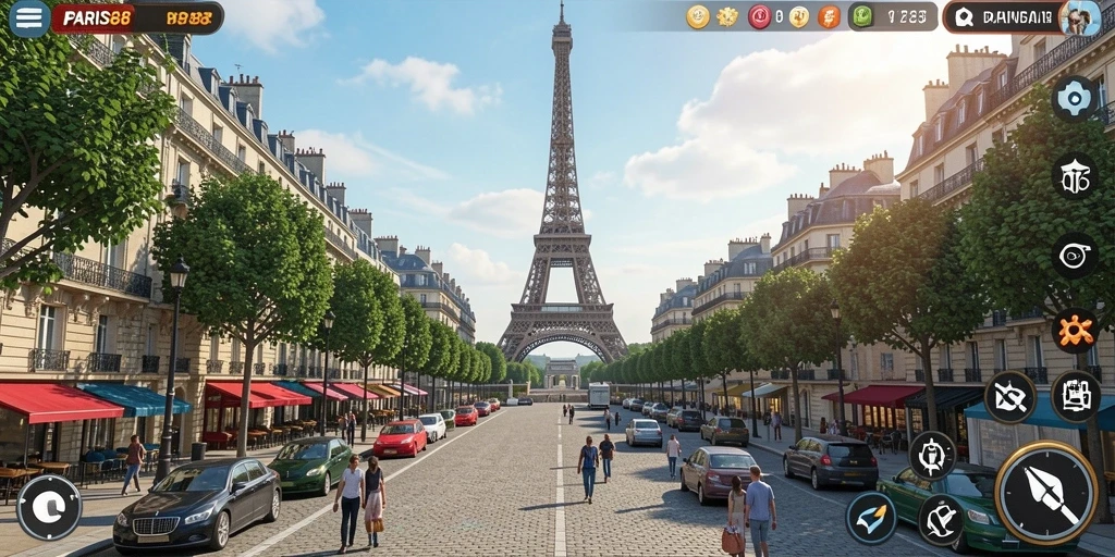 Tampilan visual menarik dari gameplay PARIS88 yang menggambarkan kehidupan di Paris.